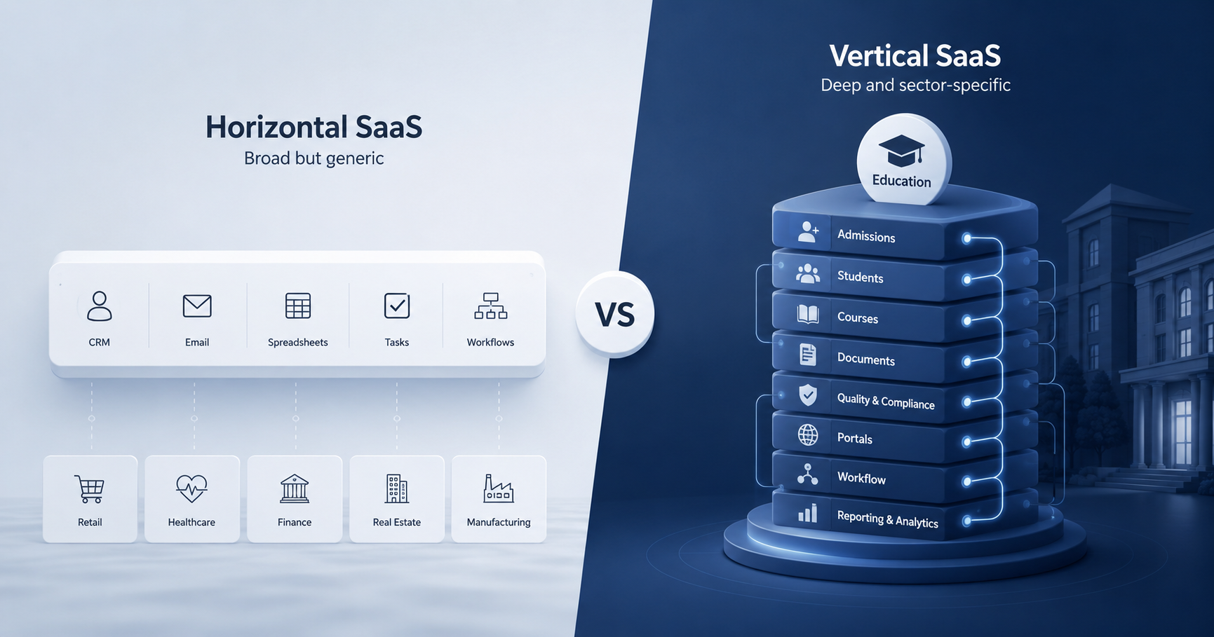 Illustration comparing horizontal SaaS as a broad generic platform and vertical SaaS as a sector-specific operational stack.